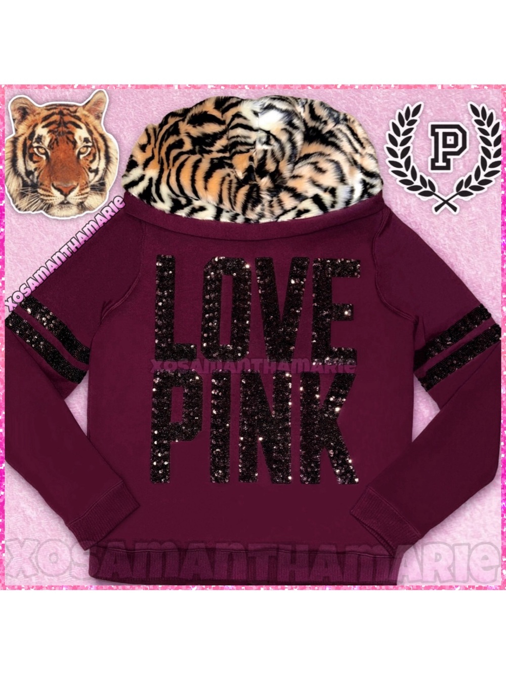 VS PINK Rare Y2K Vtg Sequin Bling Tiger Print Faux Fur Hoodie Jacket - Picture 7 of 14